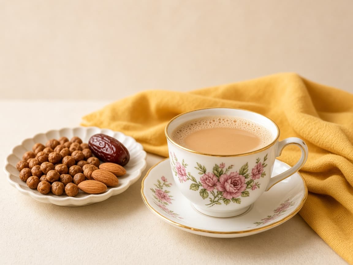 Milky chai with roasted chana, almonds, and a date